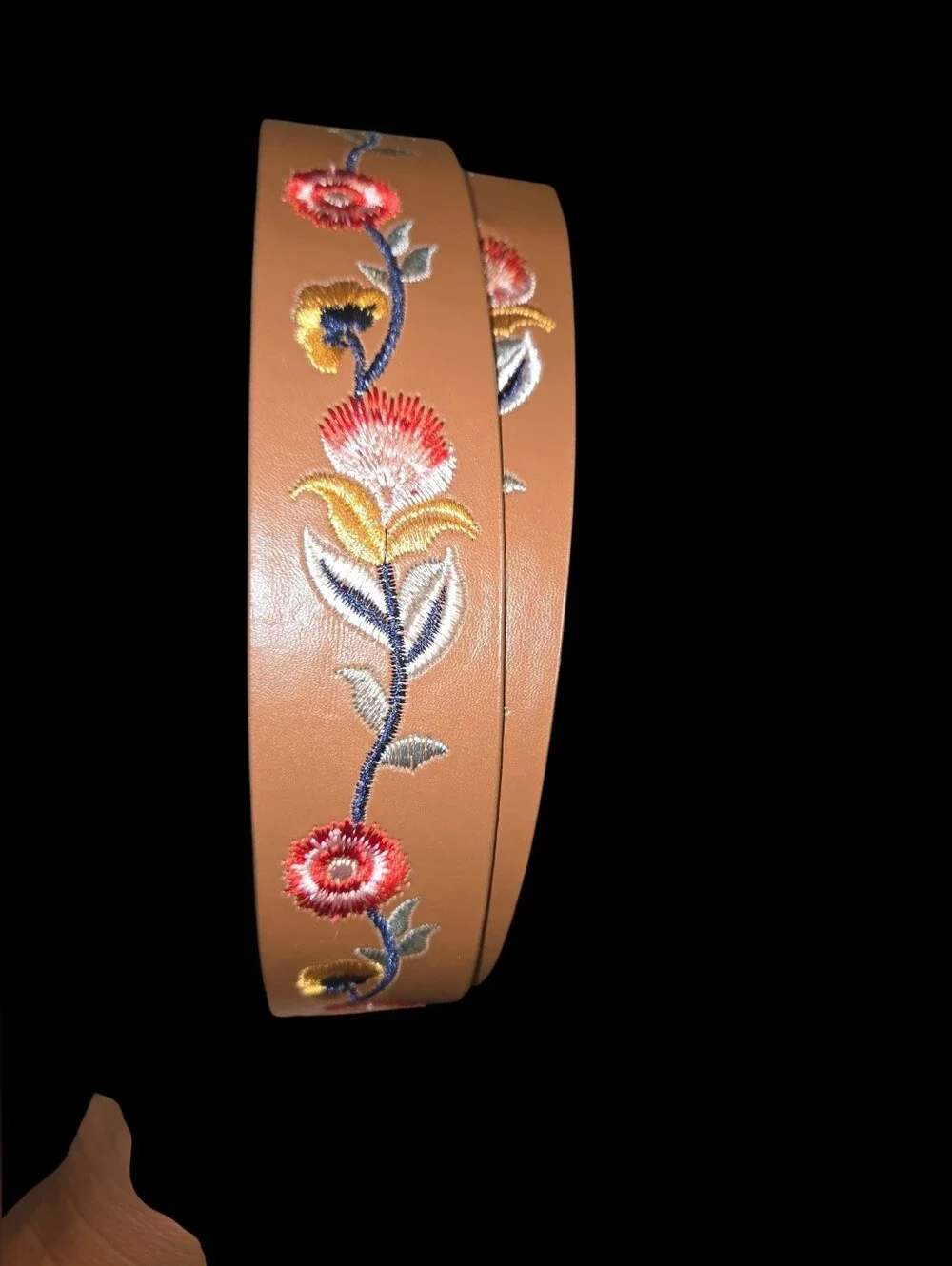 Women's Floral Embroidery Tan Belt Size 16W, Garden Preppy BOHO Hippie